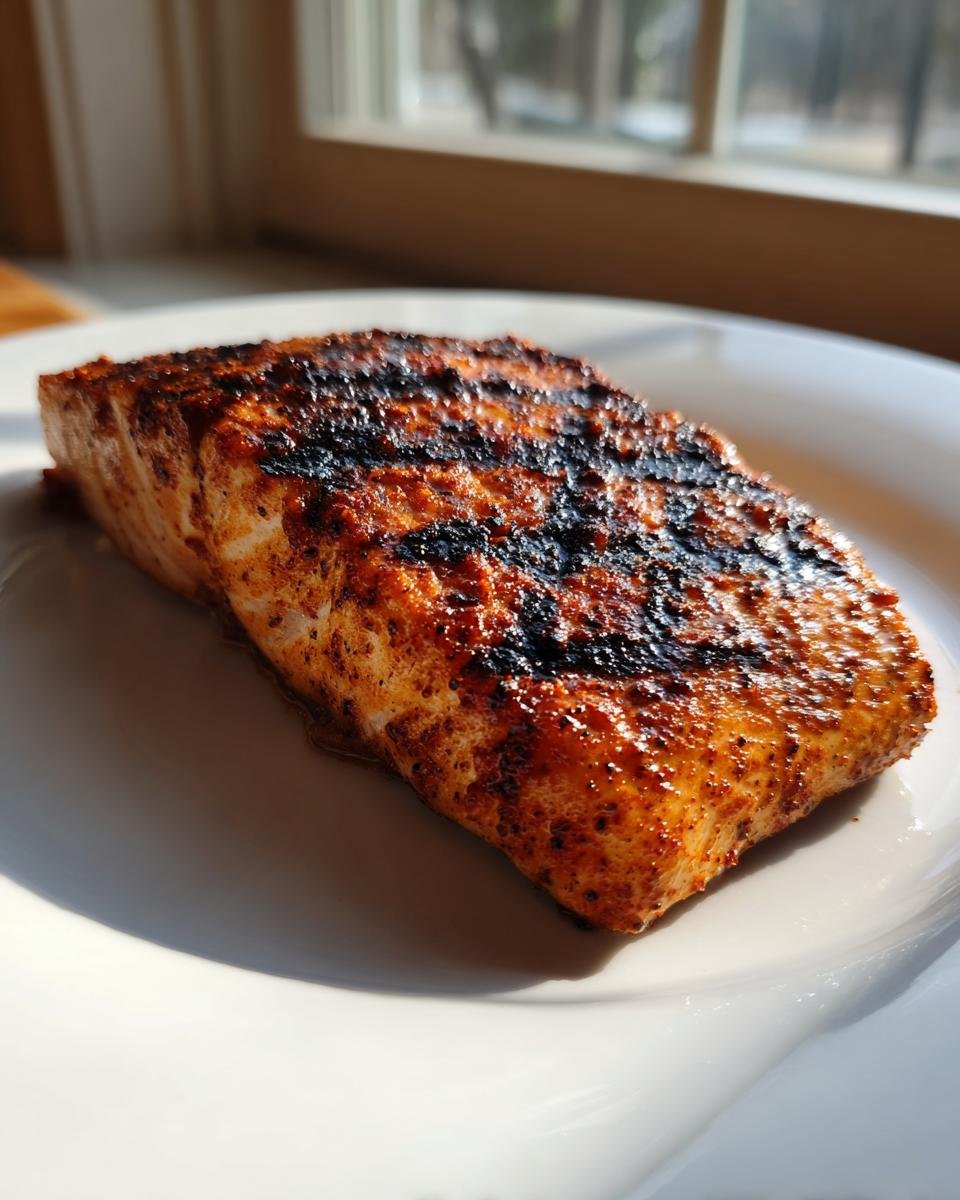 A close-up of a seasoned and perfectly Grilled Mahi Mahi fillet showing dark char marks on a white plate.
