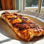 Close-up of a perfectly seasoned and grilled Mahi Mahi fillet with visible char marks on a white plate.