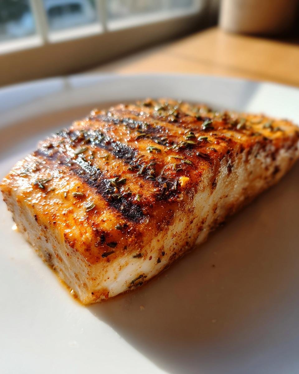 Close-up of a thick, perfectly cooked piece of Grilled Mahi Mahi seasoned with spices and herbs, showing grill marks.