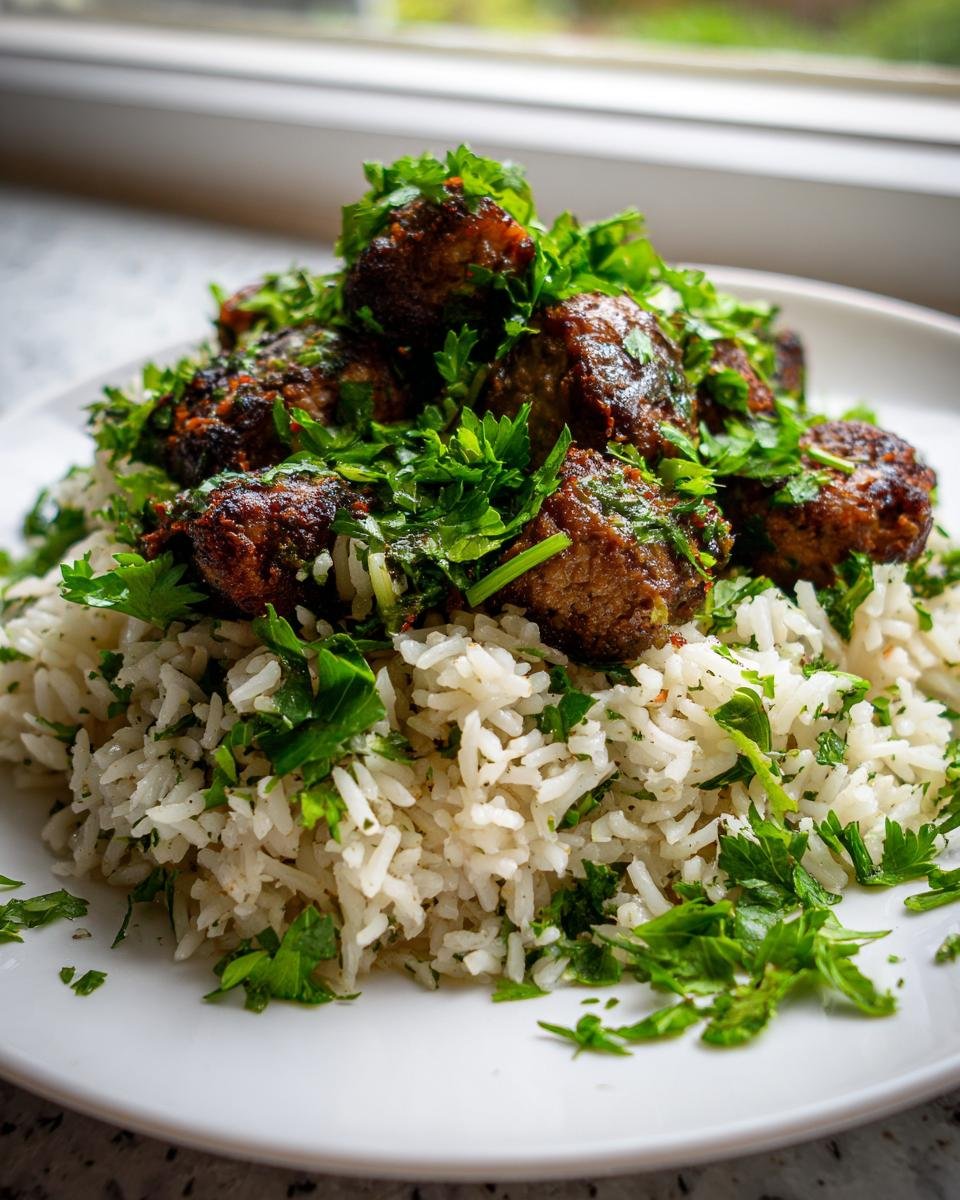 Meatballs served over herb-seasoned rice, topped generously with fresh parsley for the Irresistible Roasted Herb Potato Rice Mix.