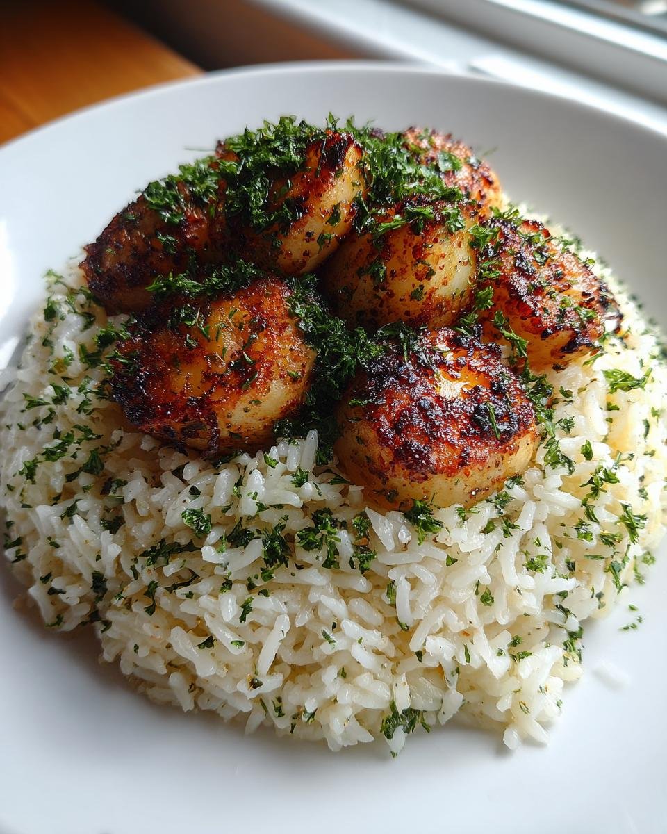 Seared scallops served over a mound of white herb rice, garnished with fresh parsley.