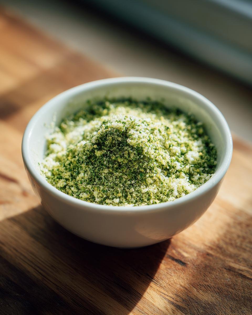 Close-up of a small white bowl filled with bright green Homemade Ranch Seasoning Mix on a wooden surface.