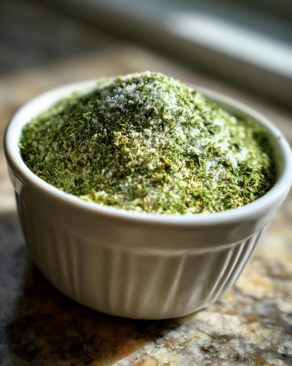 Close-up of vibrant green Homemade Ranch Seasoning Mix topped with salt crystals in a small white bowl.