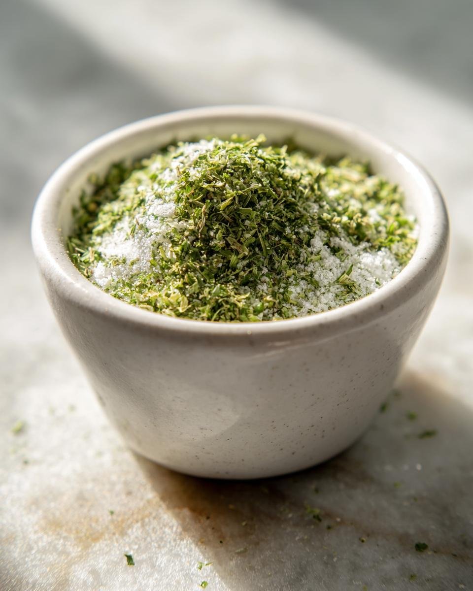 A close-up of a small white bowl filled with Homemade Ranch Seasoning Mix, showing dried green herbs mixed with white salt crystals.