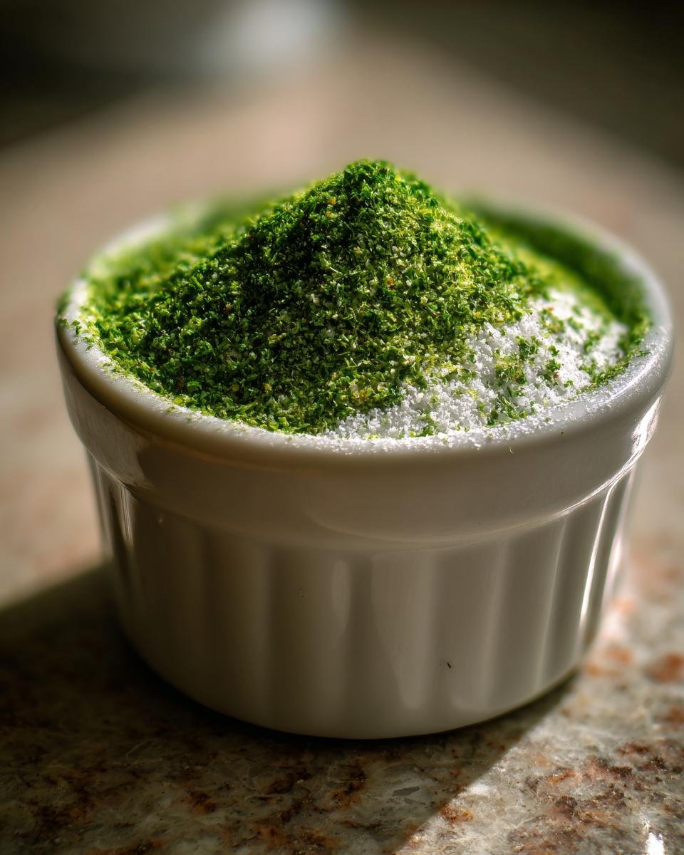 A small white ramekin filled with a mound of bright green Homemade Ranch Seasoning Mix layered over white salt.