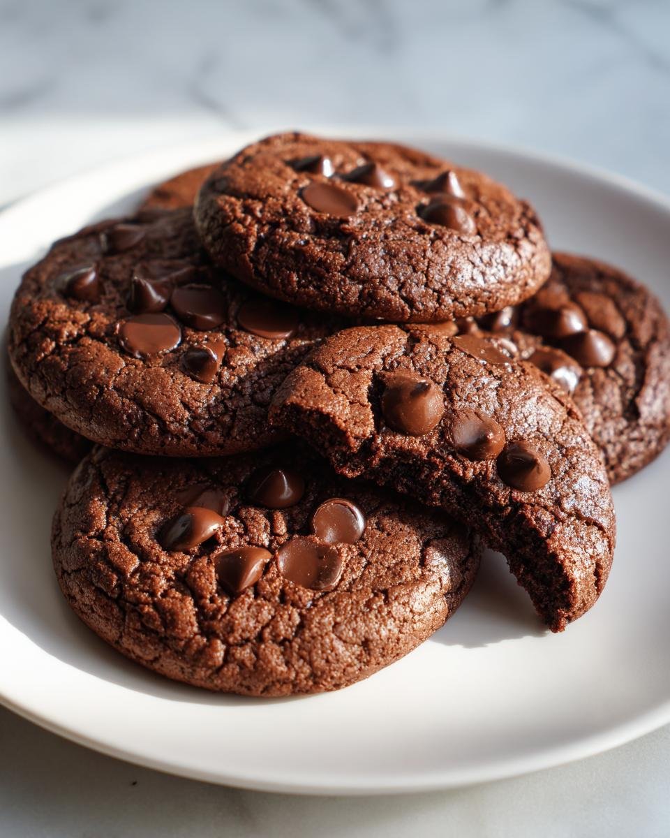 A stack of fudgy, dark brown Hot Chocolate Cookies topped with melted chocolate chips on a white plate.