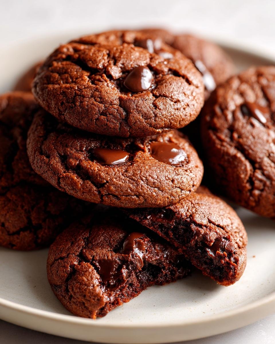 A stack of rich, fudgy Hot Chocolate Cookies with melted chocolate chips visible, one cookie is broken open.