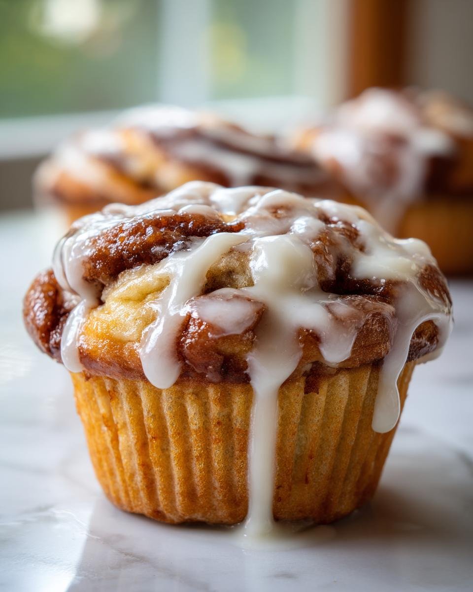 A close-up of one perfectly baked Cinnamon Roll Muffin topped with thick, dripping vanilla icing.