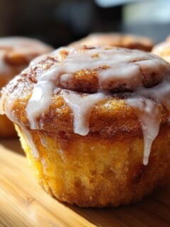 A close-up, focused shot of a freshly baked Cinnamon Roll Muffin topped with dripping vanilla icing.