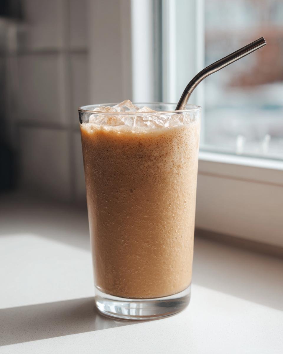A tall glass filled with a thick, blended brown frappe topped with ice and a metal straw.