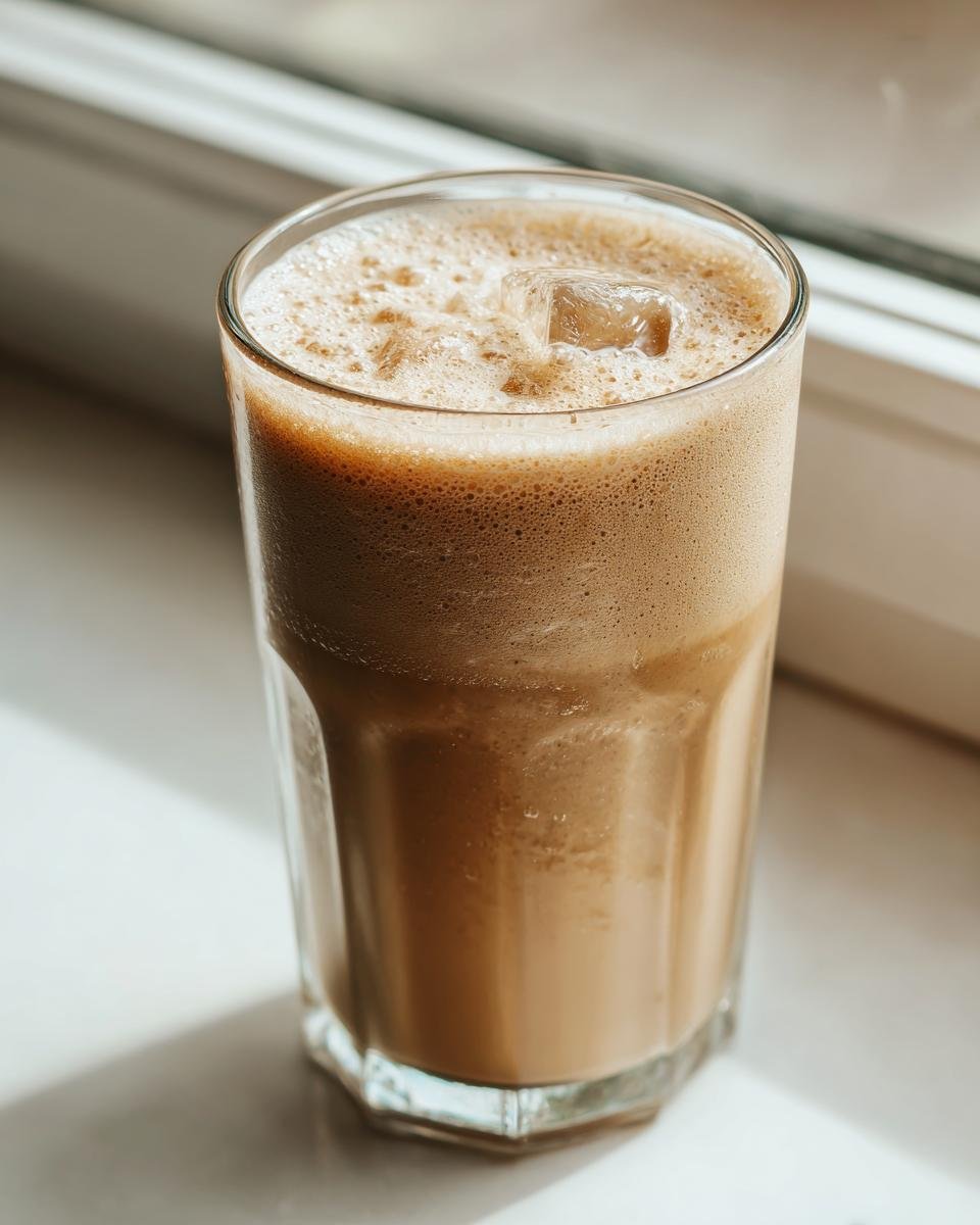 A tall glass filled with a frothy, iced coffee Frappe sitting near a bright window.