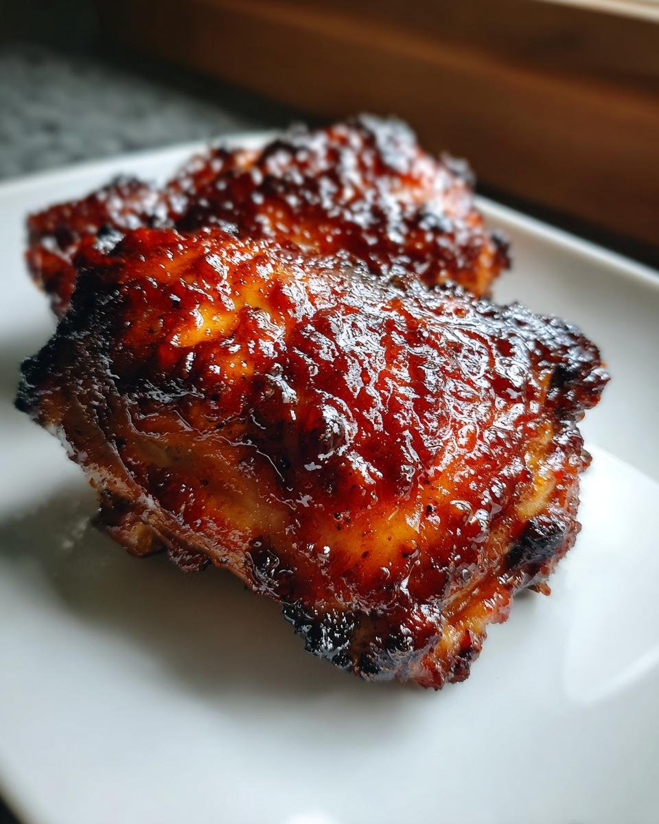 Close-up of two glistening, caramelized Irresistible Air Fryer BBQ Chicken Thighs on a white plate.