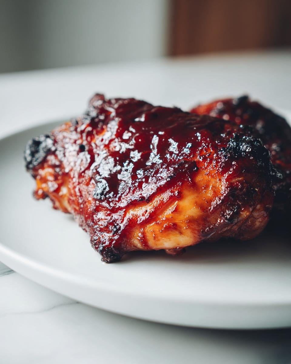 Close-up of a perfectly cooked, glossy Air Fryer BBQ Chicken Thighs piece on a white plate.