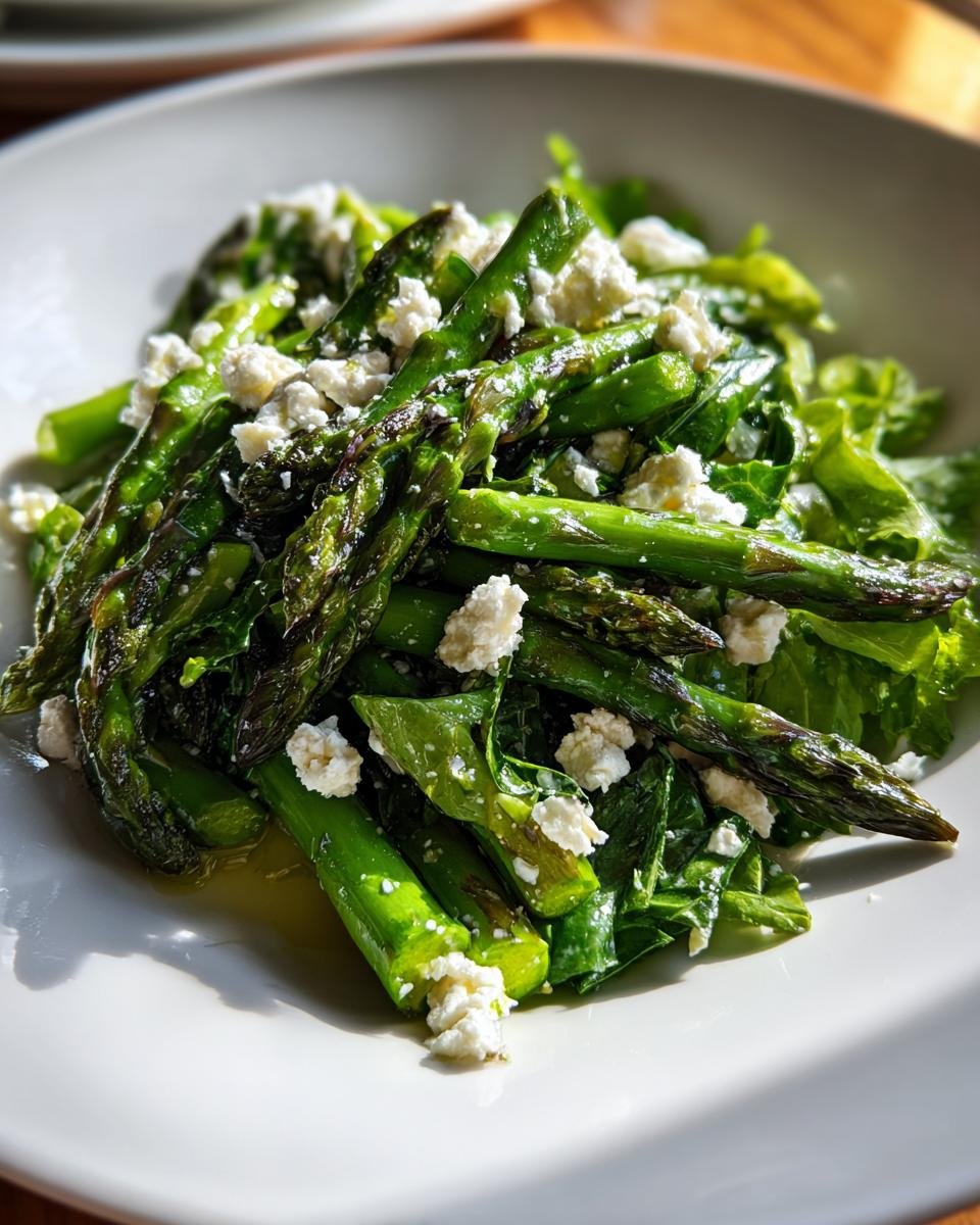 Close-up of grilled asparagus spears topped with crumbled feta cheese in an Irresistible Asparagus And Feta Salad.