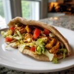 Close-up of an Irresistible Baked Chili Chicken Pita Pocket stuffed with seasoned chicken, lettuce, and tomatoes.