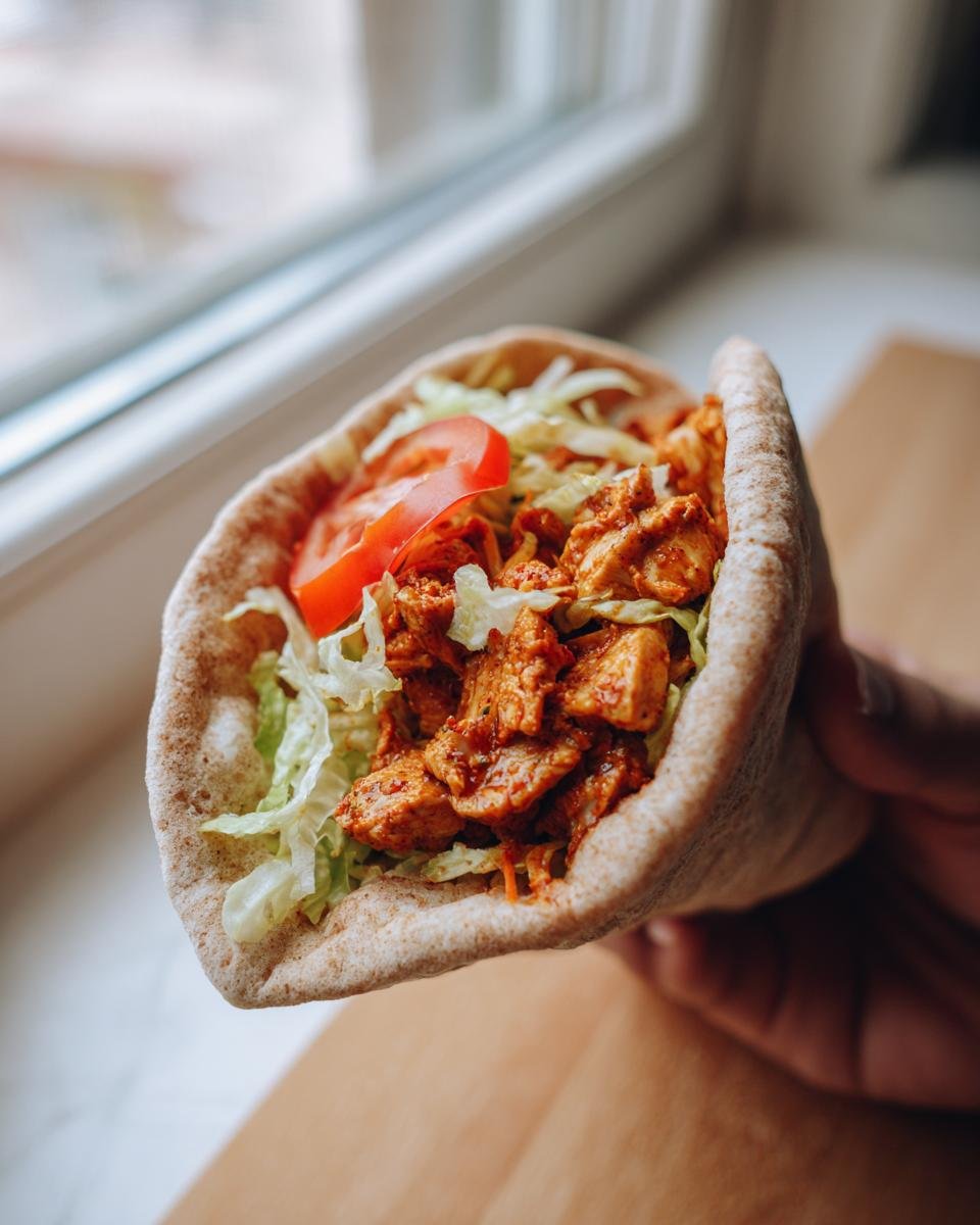 A hand holding an Irresistible Baked Chili Chicken Pita Pocket filled with seasoned chicken, lettuce, and tomato.