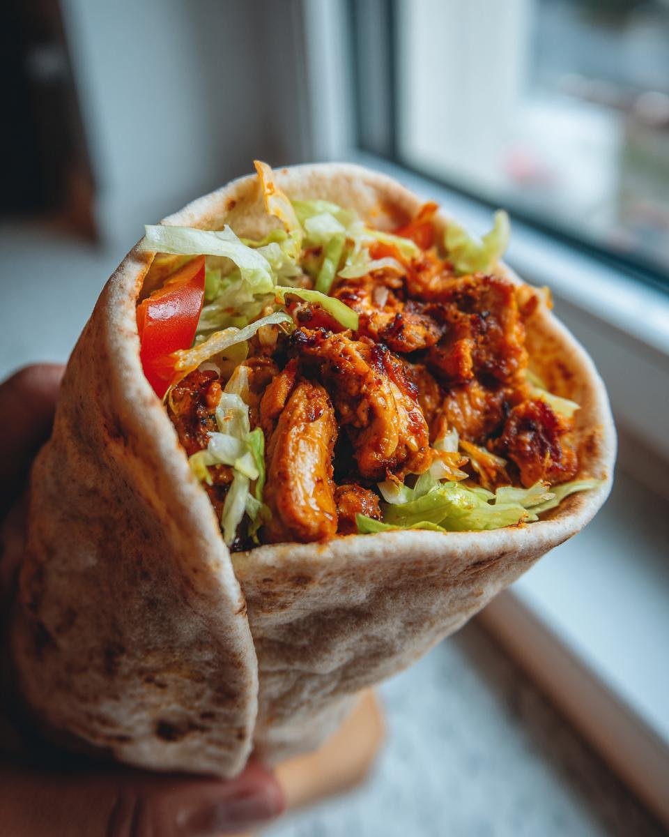 A close-up view of a freshly made Irresistible Baked Chili Chicken Pita Pocket stuffed with seasoned chicken, lettuce, and tomato.