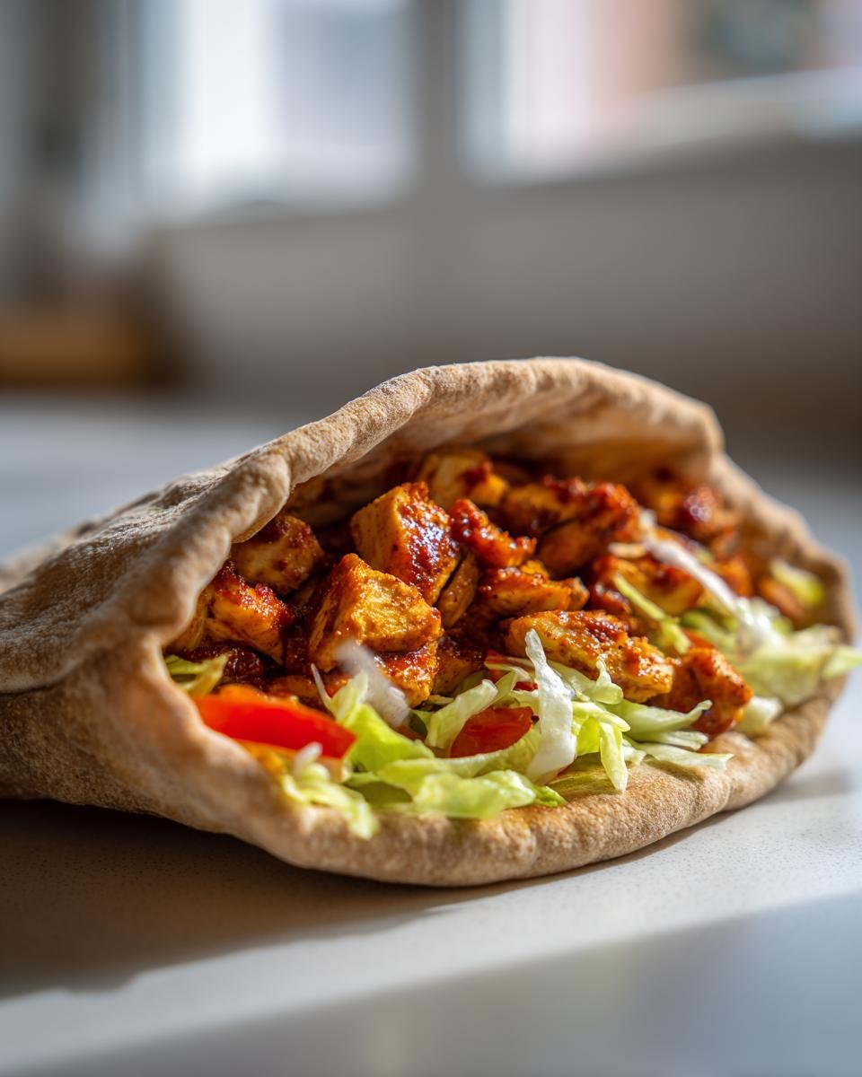 A close-up of an Irresistible Baked Chili Chicken Pita Pocket stuffed with seasoned chicken, lettuce, and tomato.