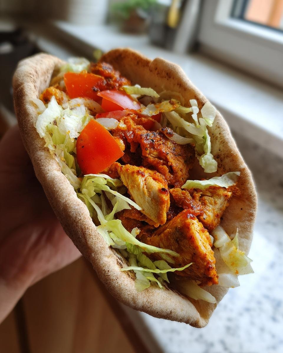A hand holding an open pita pocket stuffed with chili chicken, shredded lettuce, and tomato chunks.