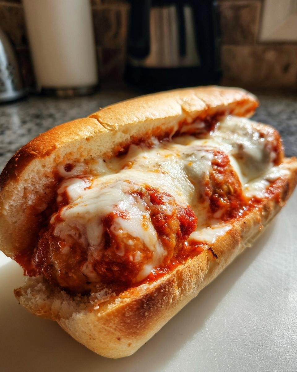 A close-up of an Irresistible Baked Turkey Meatball Sub, loaded with meatballs, marinara sauce, and melted mozzarella cheese in a toasted roll.