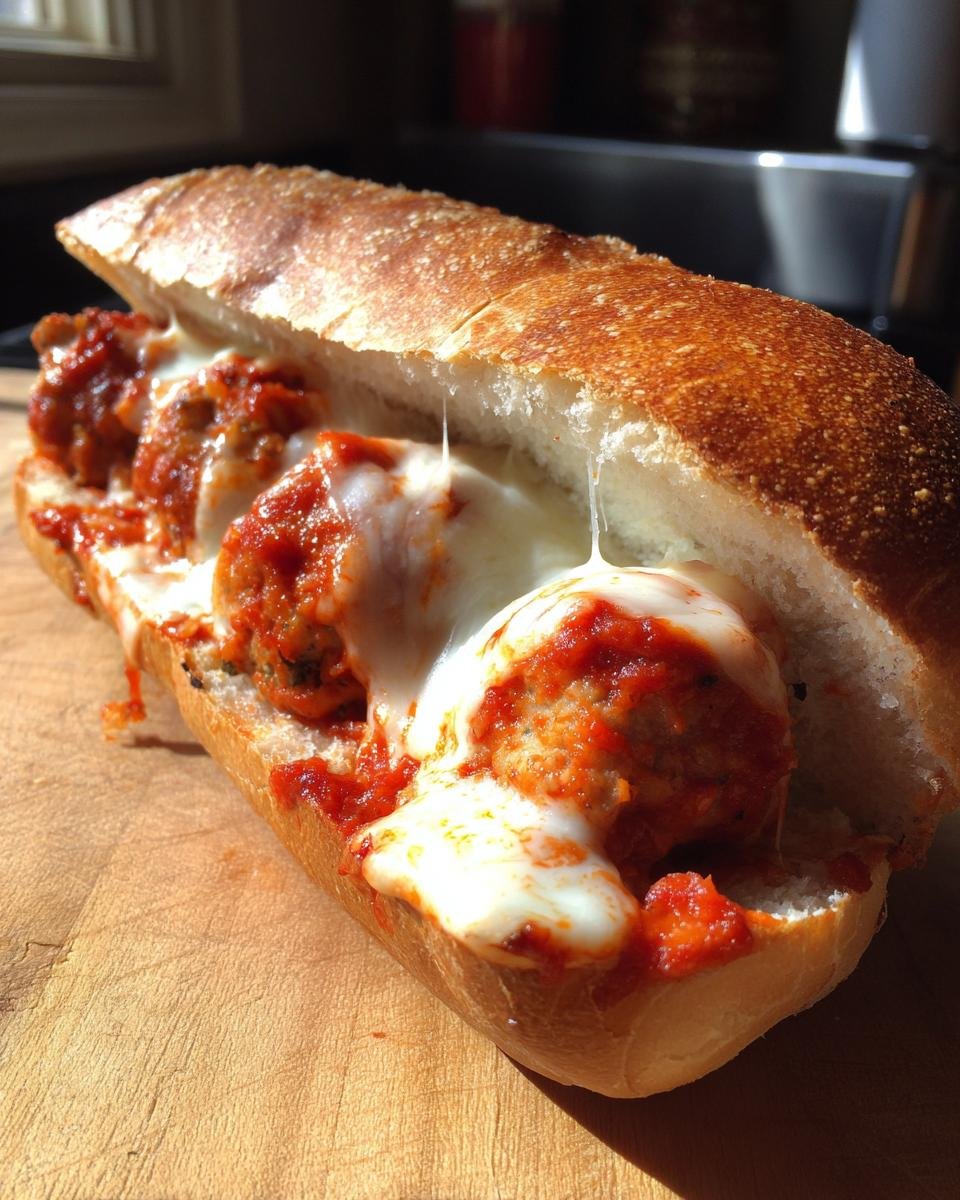 A close-up of an Irresistible Baked Turkey Meatball Subs loaded with meatballs, marinara sauce, and melted mozzarella cheese.