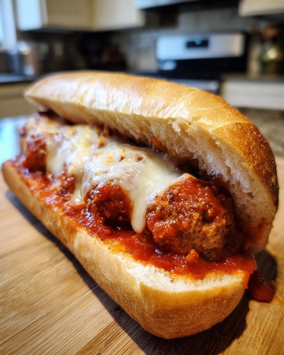 A close-up of an Irresistible Baked Turkey Meatball Subs recipe, featuring meatballs in sauce topped with melted mozzarella on a hoagie roll.