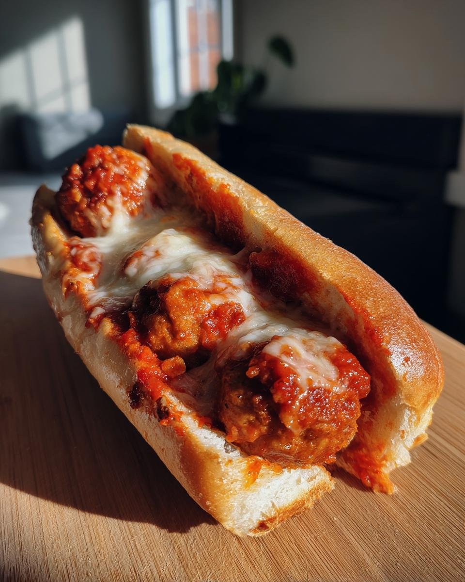 Close-up of an Irresistible Baked Turkey Meatball Sub filled with meatballs, marinara sauce, and melted mozzarella cheese.