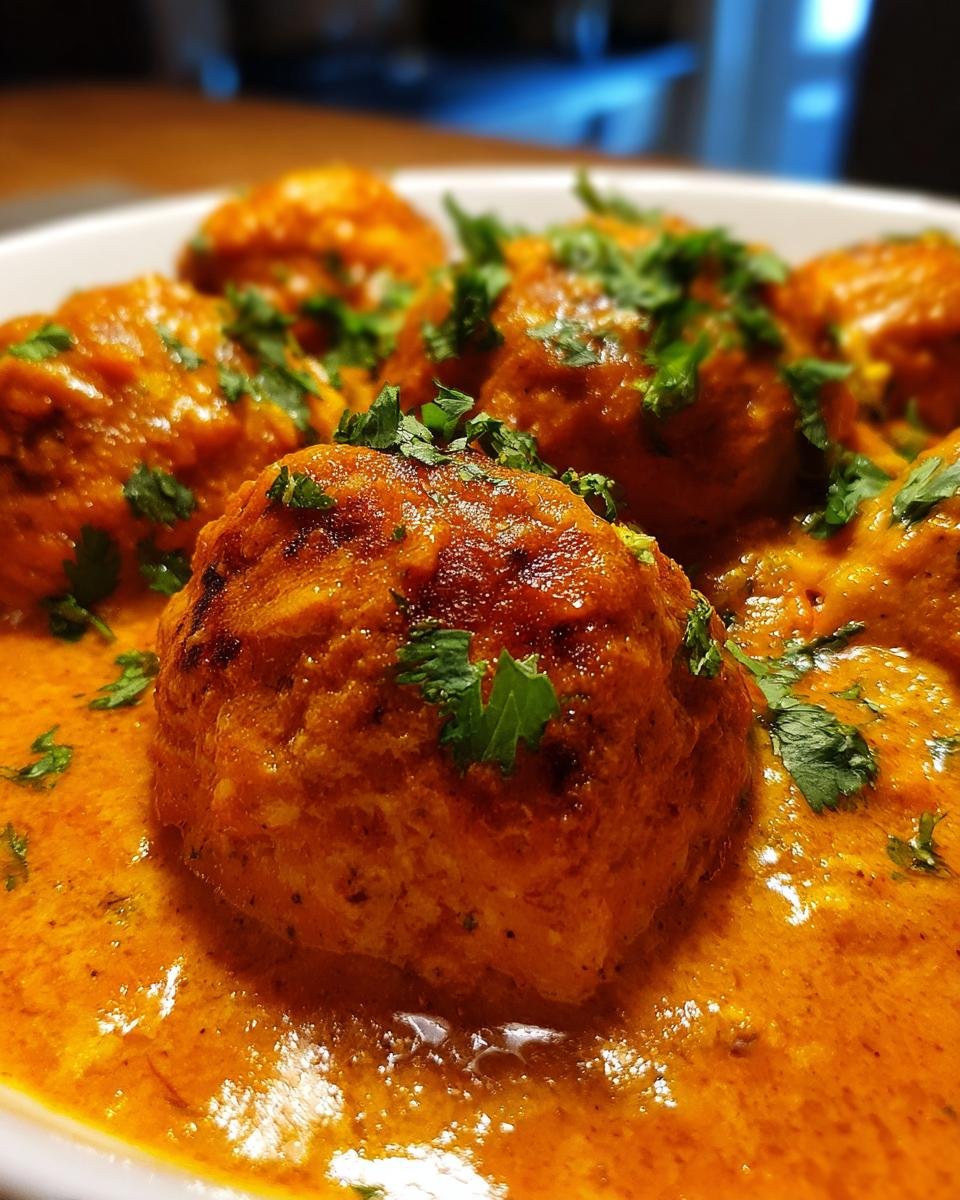 Close-up of several Irresistible Butter Chicken Meatballs simmering in a rich, creamy orange sauce and garnished with fresh cilantro.