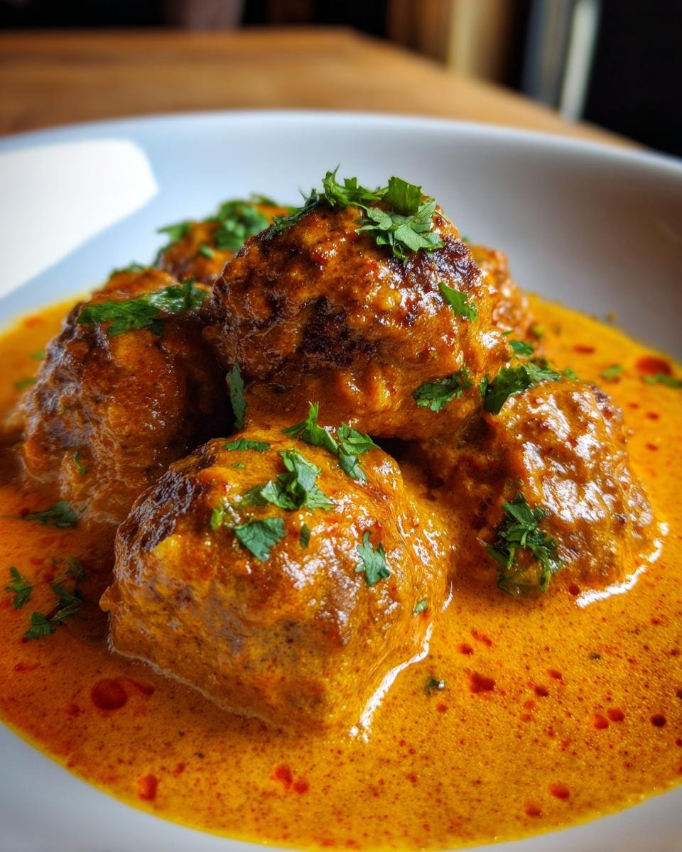 Close-up of Irresistible Butter Chicken Meatballs smothered in a creamy, orange butter chicken sauce and garnished with fresh cilantro.