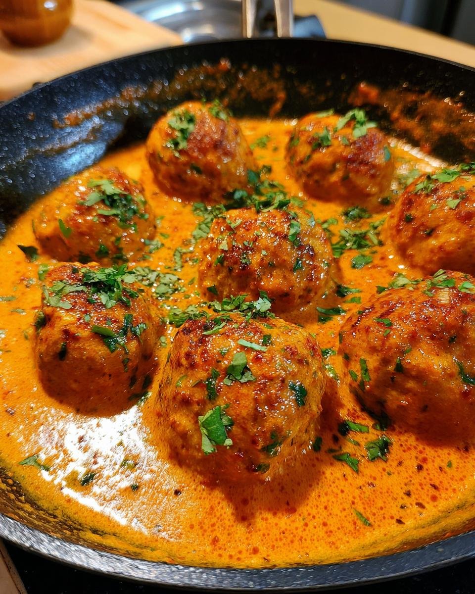 Close-up of Irresistible Butter Chicken Meatballs simmering in a rich, orange butter chicken sauce, topped with fresh cilantro.