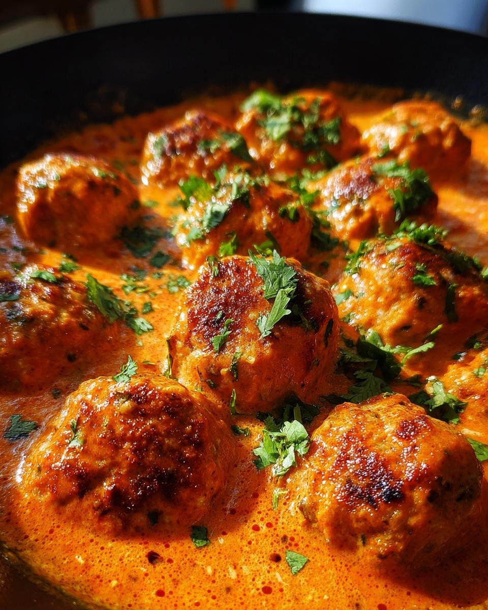 Close-up of Irresistible Butter Chicken Meatballs simmering in a rich, creamy orange sauce and garnished with fresh cilantro.