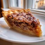 A close-up shot of a glistening slice of Irresistible Buttermilk Pecan Pie on a white plate.