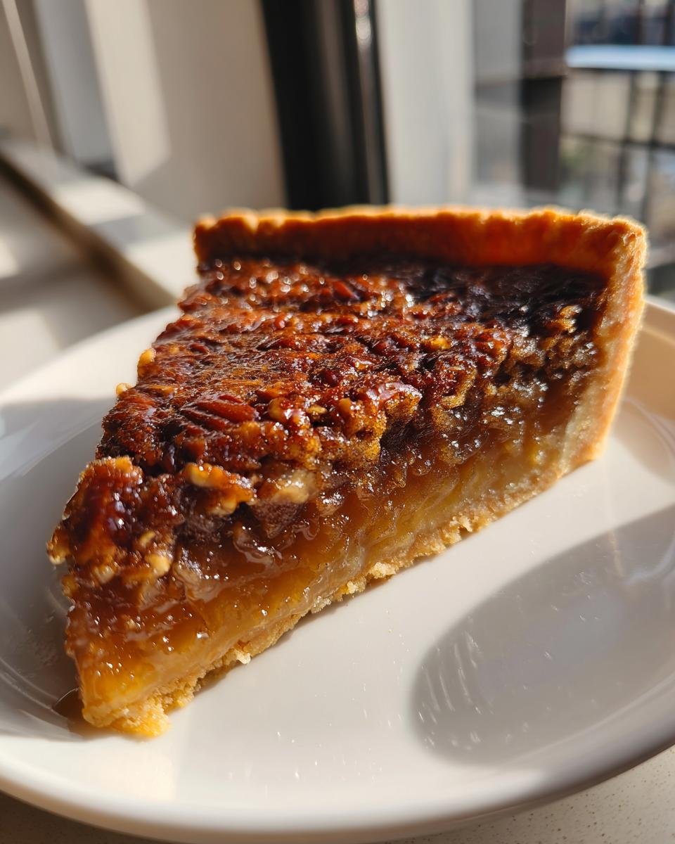 A close-up slice of Irresistible Buttermilk Pecan Pie on a white plate, glistening in sunlight.