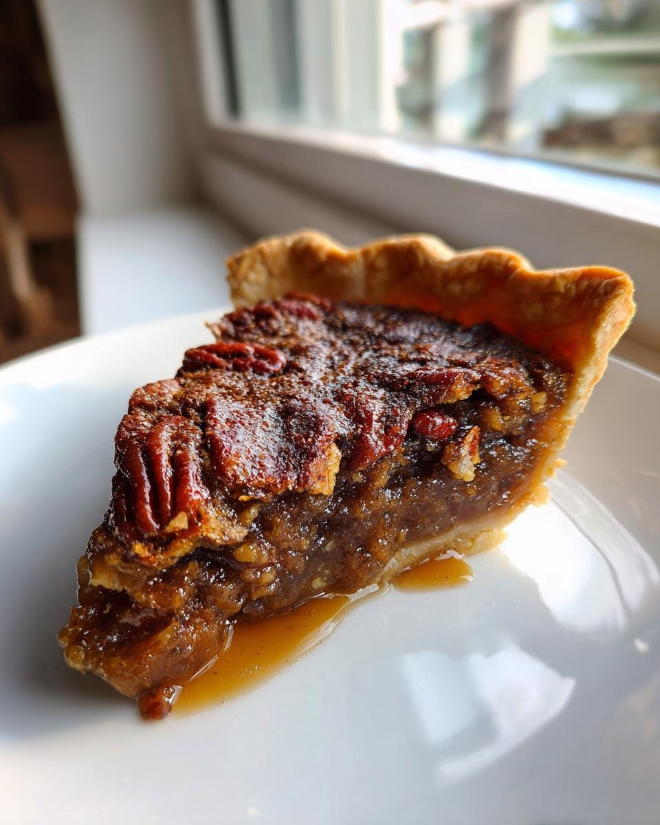 A close-up of a gooey slice of Irresistible Buttermilk Pecan Pie with a flaky crust, resting on a white plate.