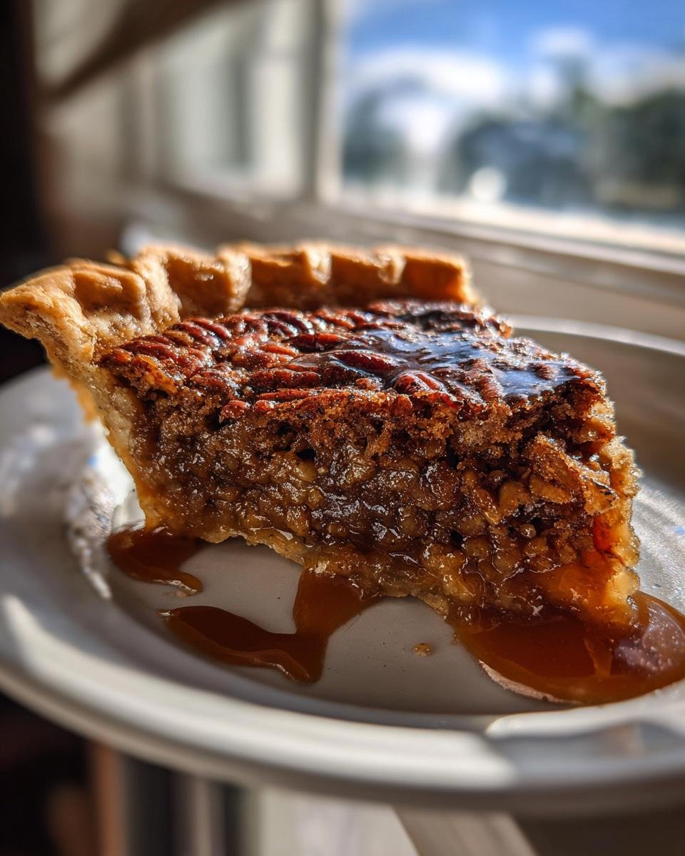 Close-up of a rich slice of Irresistible Buttermilk Pecan Pie with gooey filling and pecans, dripping onto a white plate.