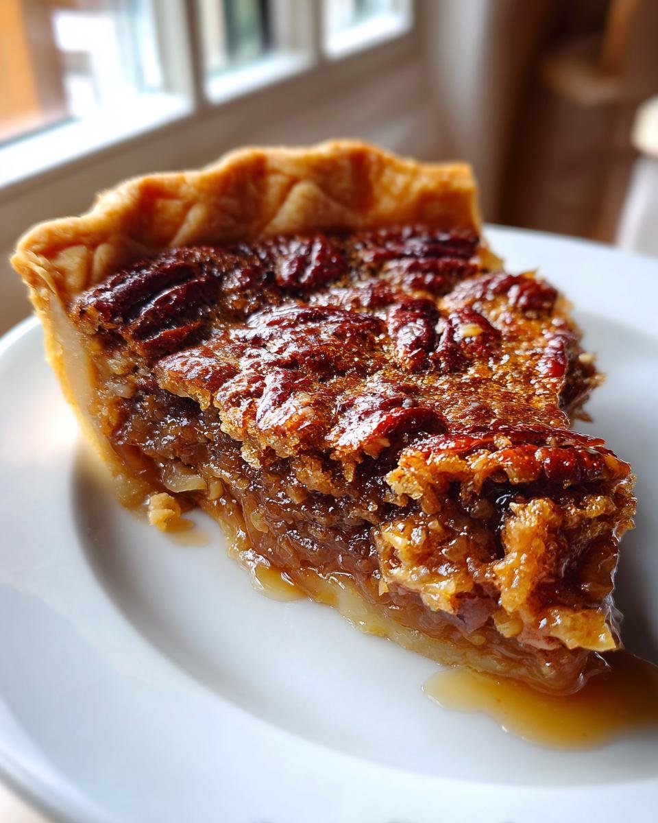 A close-up slice of Irresistible Buttermilk Pecan Pie Recipe showing gooey filling and pecans on a white plate.
