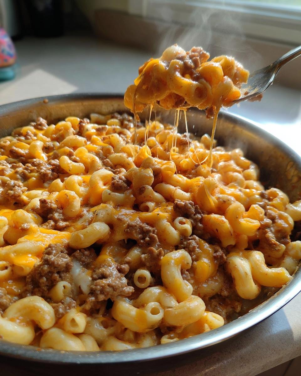 A fork lifts a cheesy portion of the Irresistible Cheeseburger Pasta Skillet, showing long cheese pulls and steam rising.