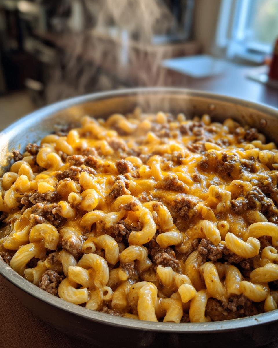 Close-up of a hot, steaming skillet filled with Irresistible Cheeseburger Pasta Skillet Recipe, featuring elbow macaroni, ground beef, and melted cheddar cheese.