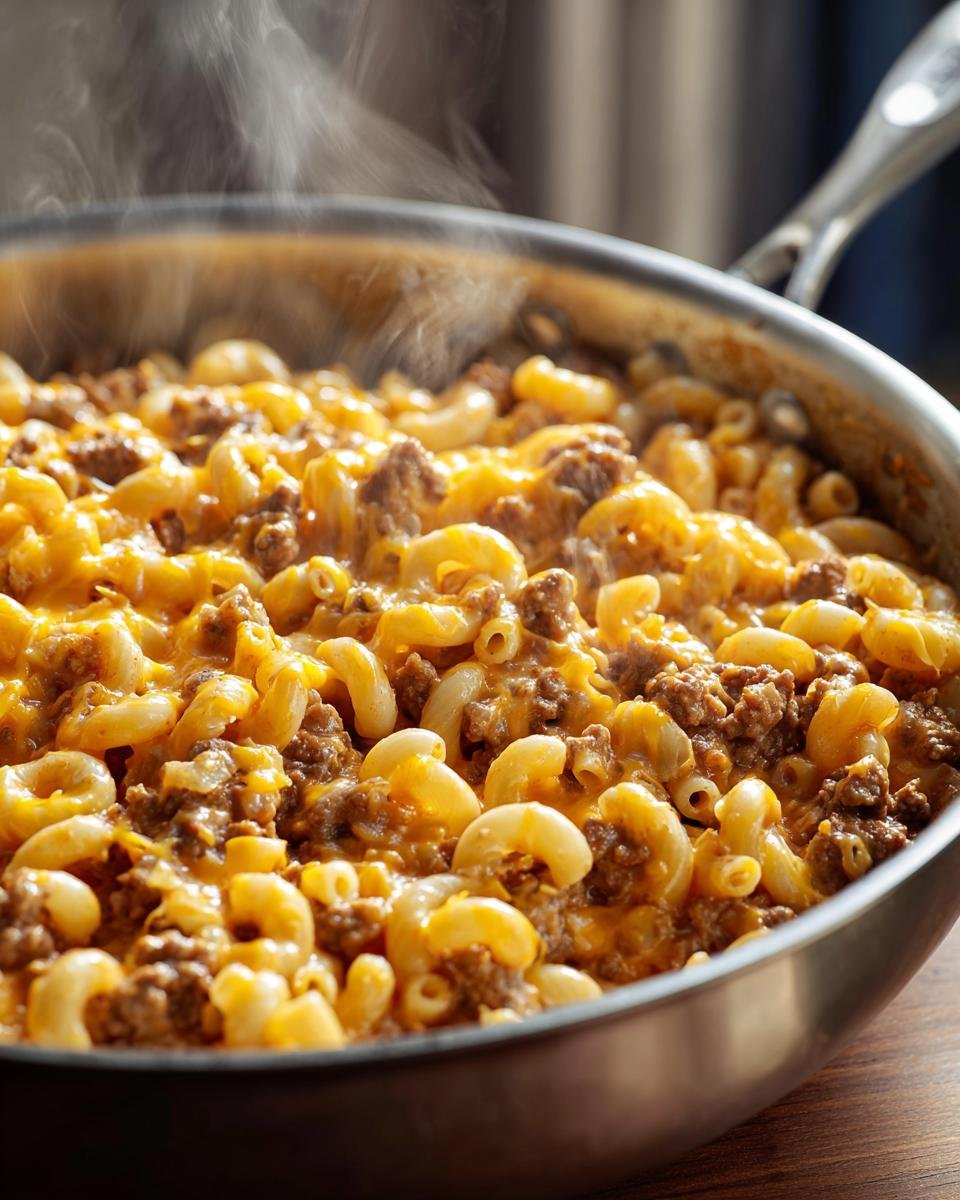 Close-up of hot, steaming Irresistible Cheeseburger Pasta Skillet with elbow macaroni, ground beef, and melted cheddar cheese.