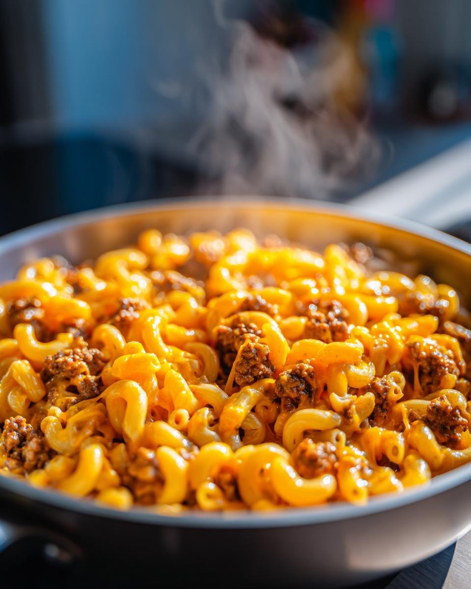 Close-up of hot, steaming Irresistible Cheeseburger Pasta Skillet with macaroni and ground beef in a skillet.