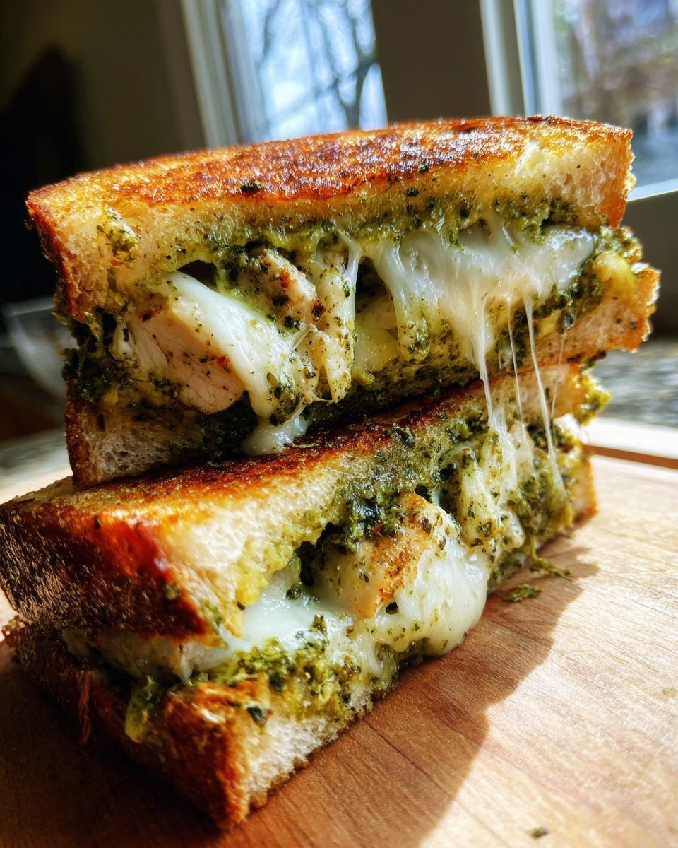 Close-up of an Irresistible Mega Chicken Pesto Grilled Cheese Sandwich cut in half showing melted cheese pull and pesto.