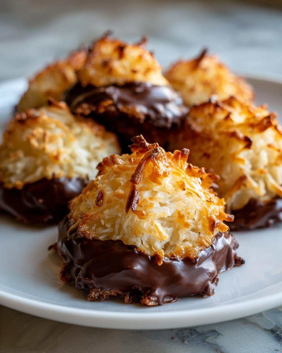 Close-up of golden brown Irresistible Coconut Macaroons dipped in rich dark chocolate on a white plate.
