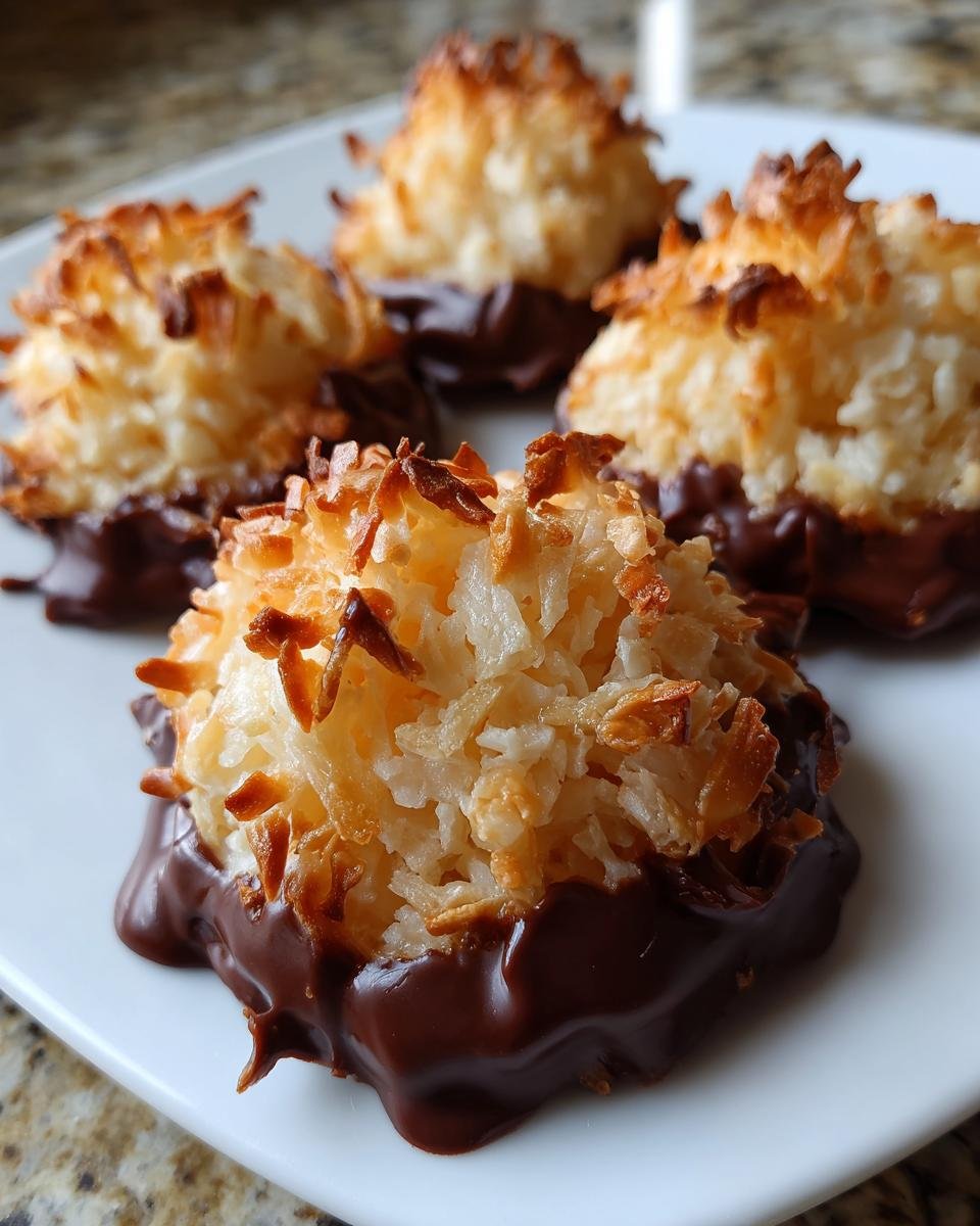 Four Irresistible Coconut Macaroons, toasted golden brown and dipped in rich dark chocolate, served on a white plate.