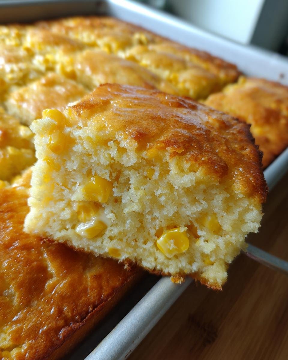 Close-up of a moist, golden slice lifted from the pan of Irresistible Creamy Baked Corn Casserole.