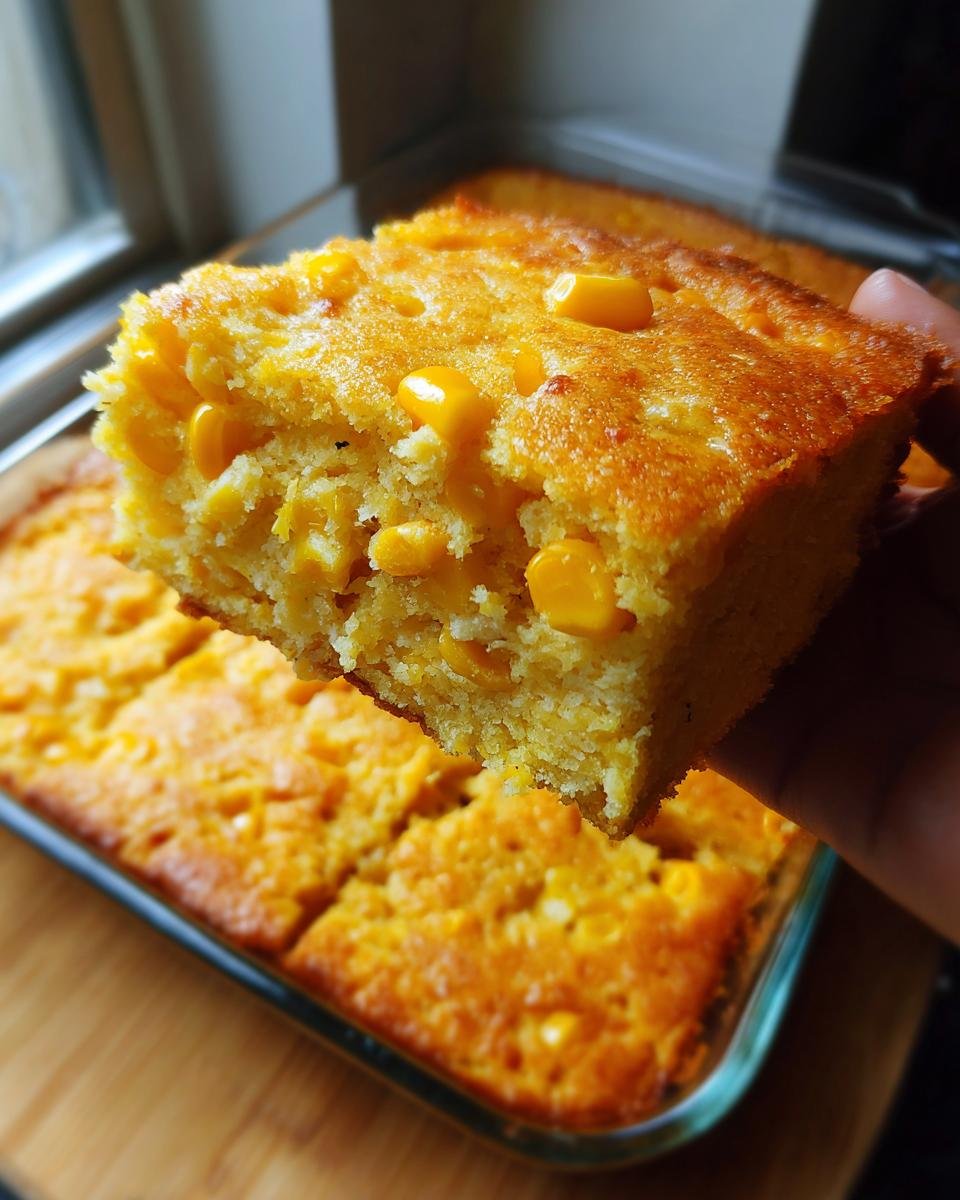 A hand holding up a moist, golden slice of Irresistible Creamy Baked Corn Casserole from a glass baking dish.