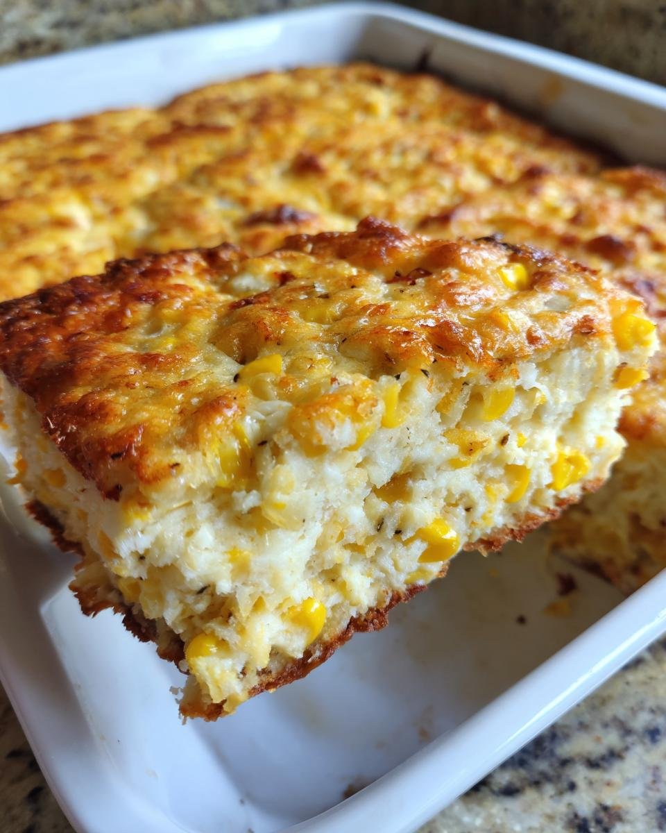 A thick, creamy slice of Irresistible Creamy Baked Corn Casserole with a golden-brown, cheesy top.