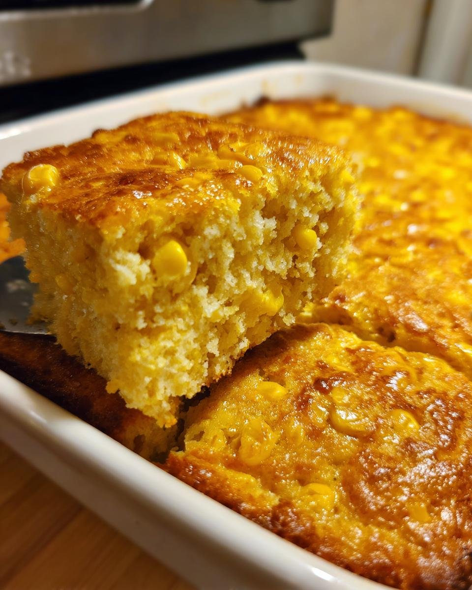 A square piece being lifted from a golden-brown Irresistible Creamy Baked Corn Casserole in a white dish.