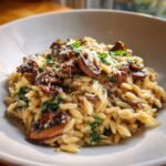 Close-up of Irresistible Creamy Basil Mushroom Orzo topped with saut&eacute;ed mushrooms and grated cheese.