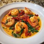 Close-up of Irresistible Creamy Tuscan Garlic Shrimp with spinach and sun-dried tomatoes in a white bowl.