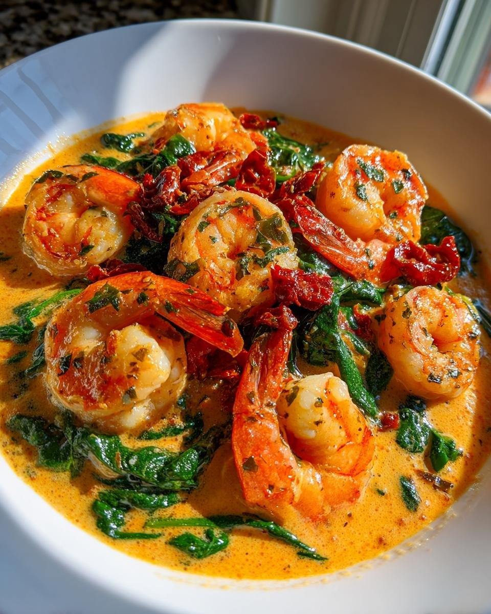 Close-up of Irresistible Creamy Tuscan Garlic Shrimp with spinach and sun-dried tomatoes in a rich sauce.